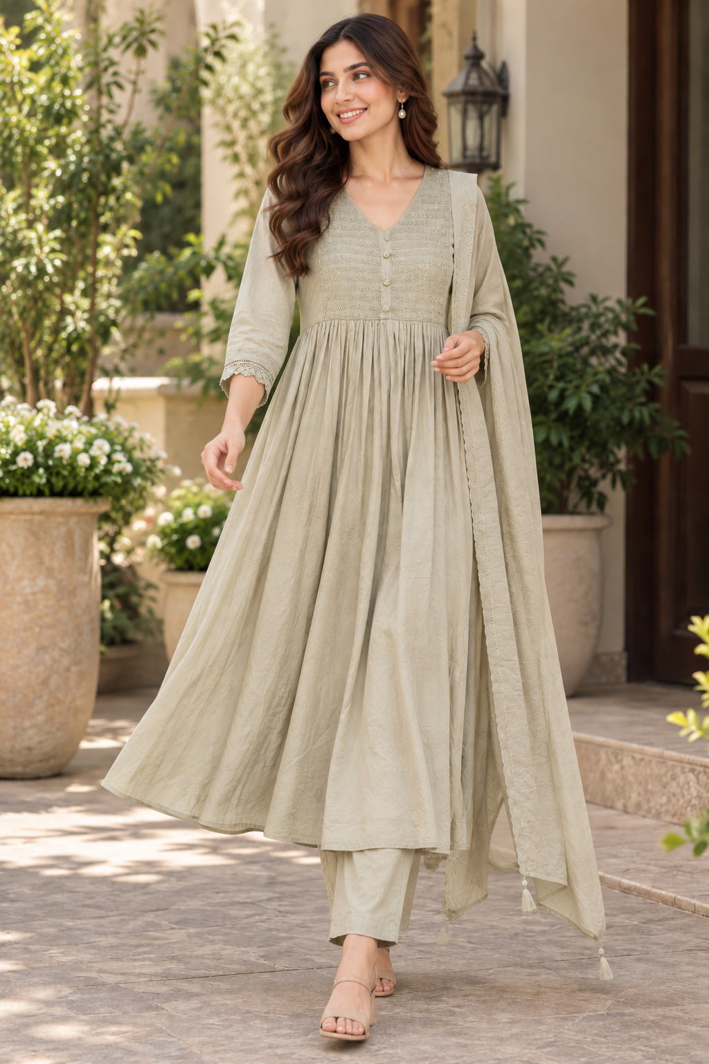 Sage Mul Cotton Anarkali Suit Set