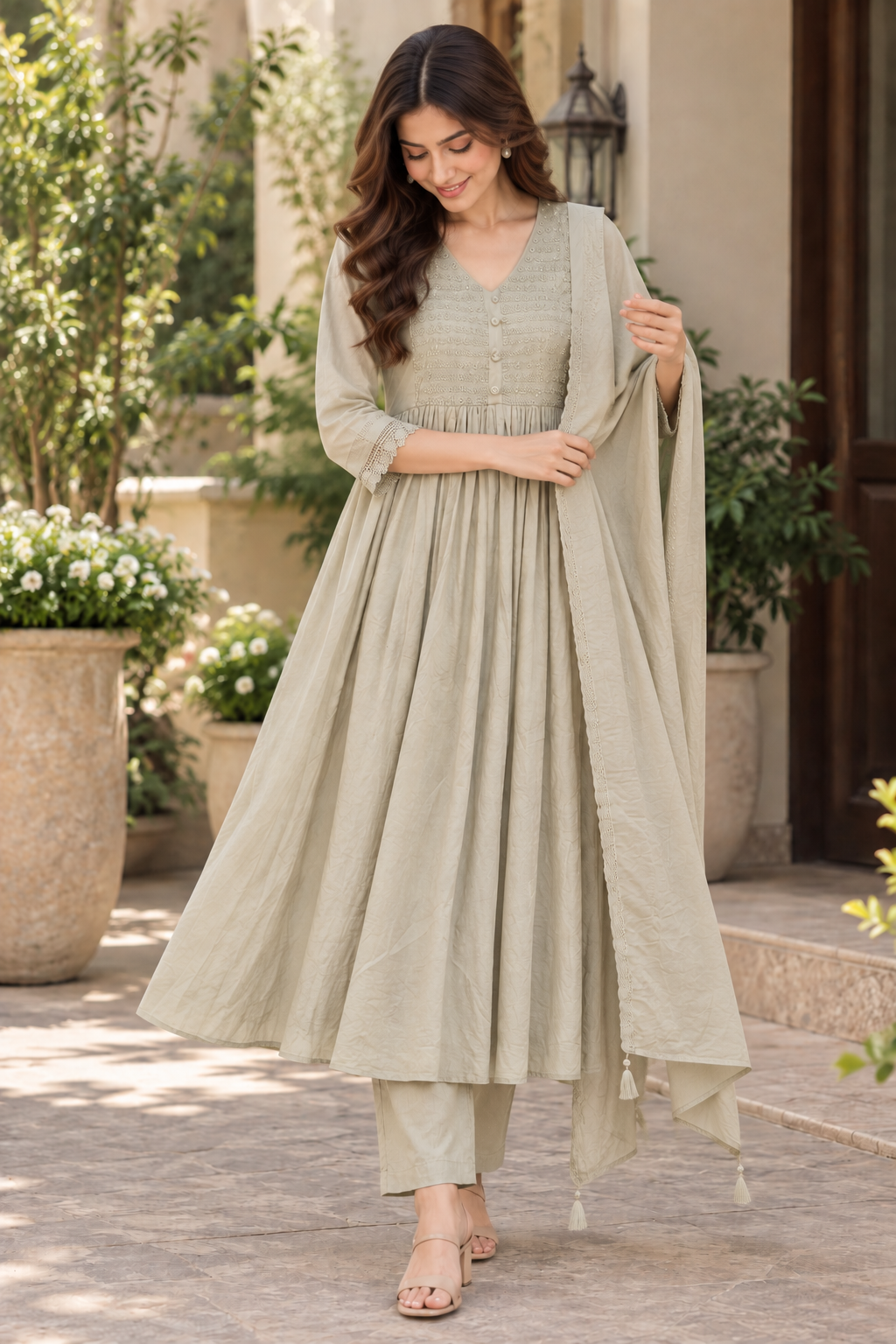 Sage Mul Cotton Anarkali Suit Set
