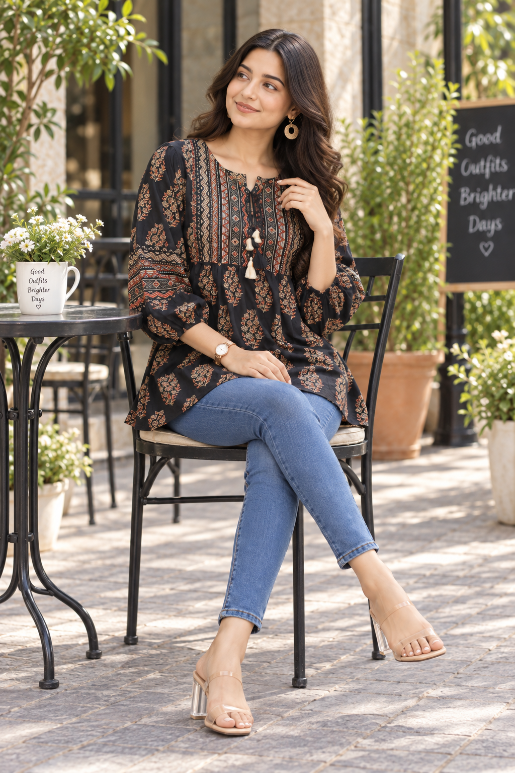 Noir Ajrakh Flare Cotton Kurti