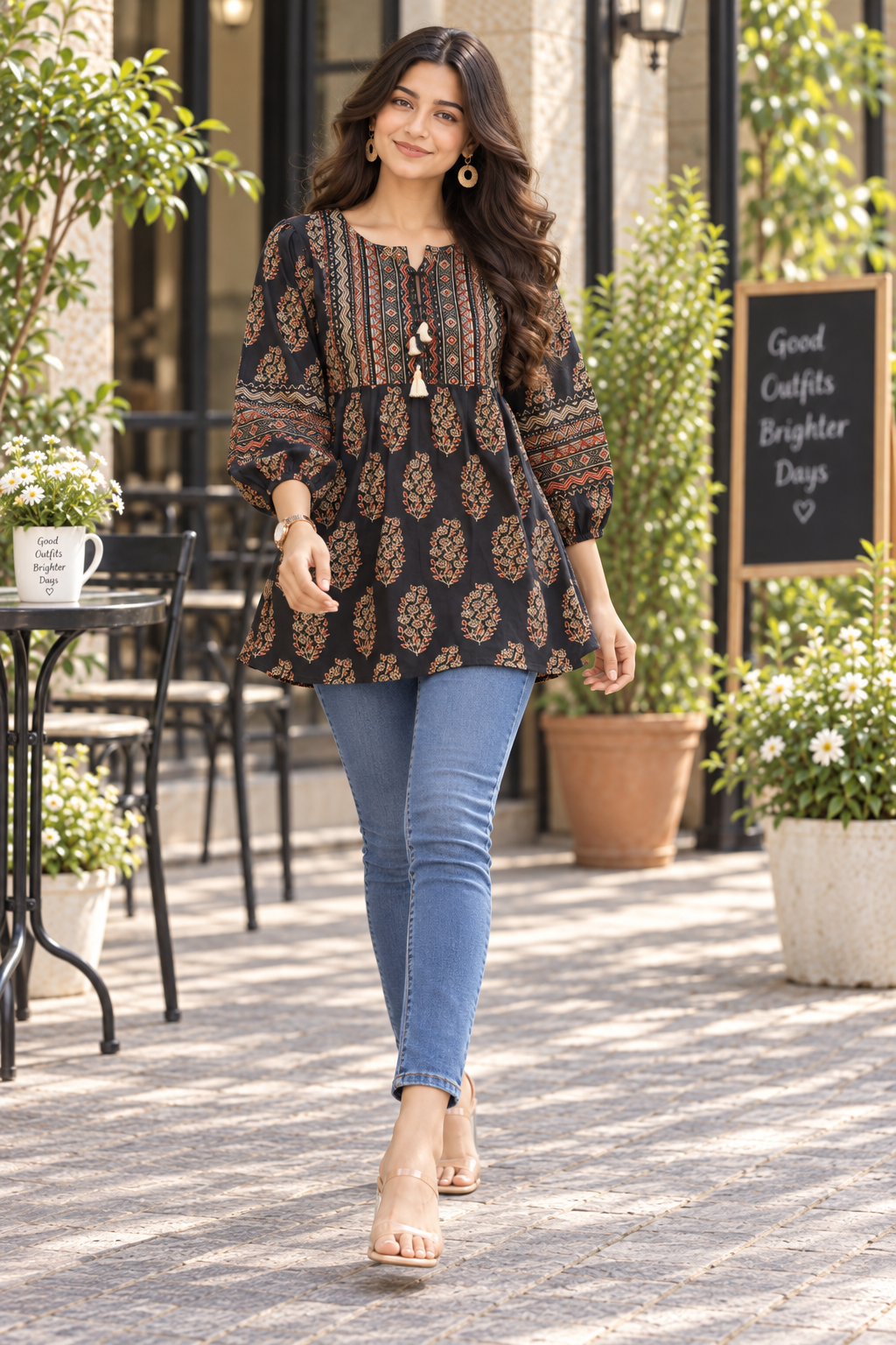 Noir Ajrakh Flare Cotton Kurti