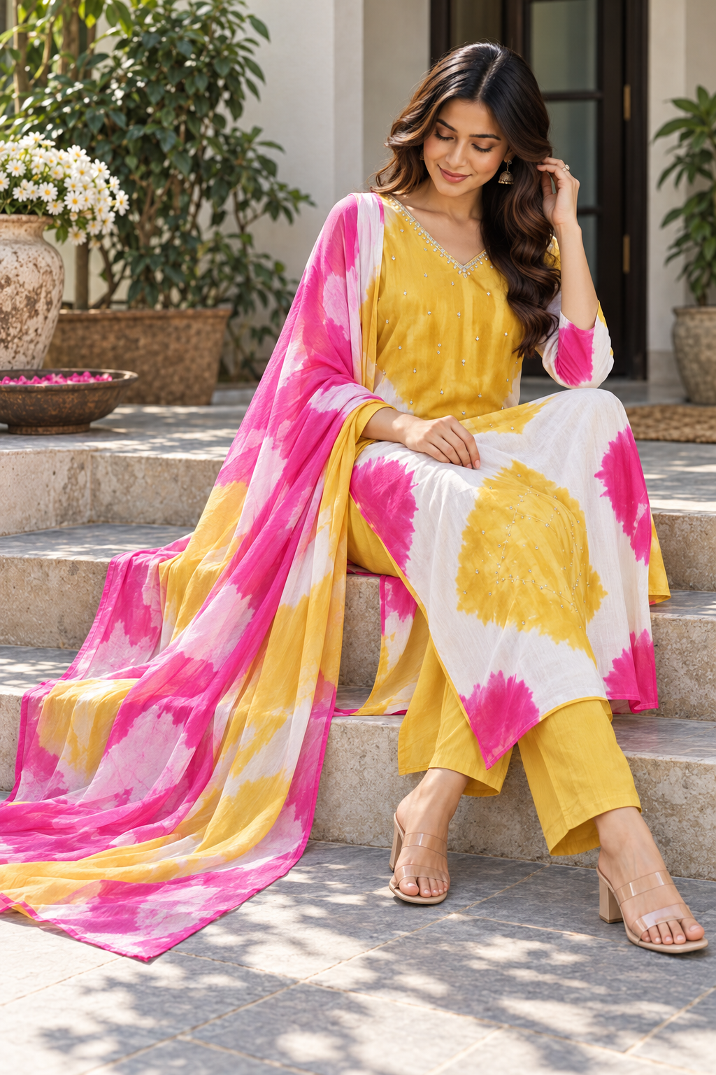 Sunshine Bloom Pink & Yellow Mul Silk Suit Set