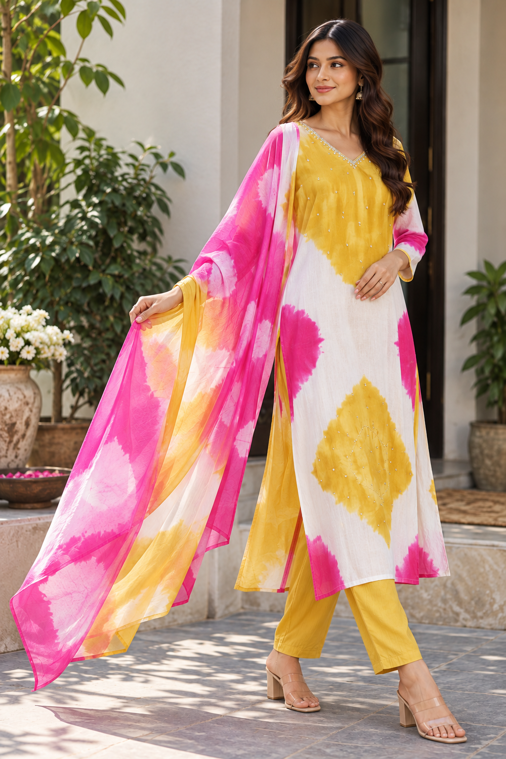 Sunshine Bloom Pink & Yellow Mul Silk Suit Set