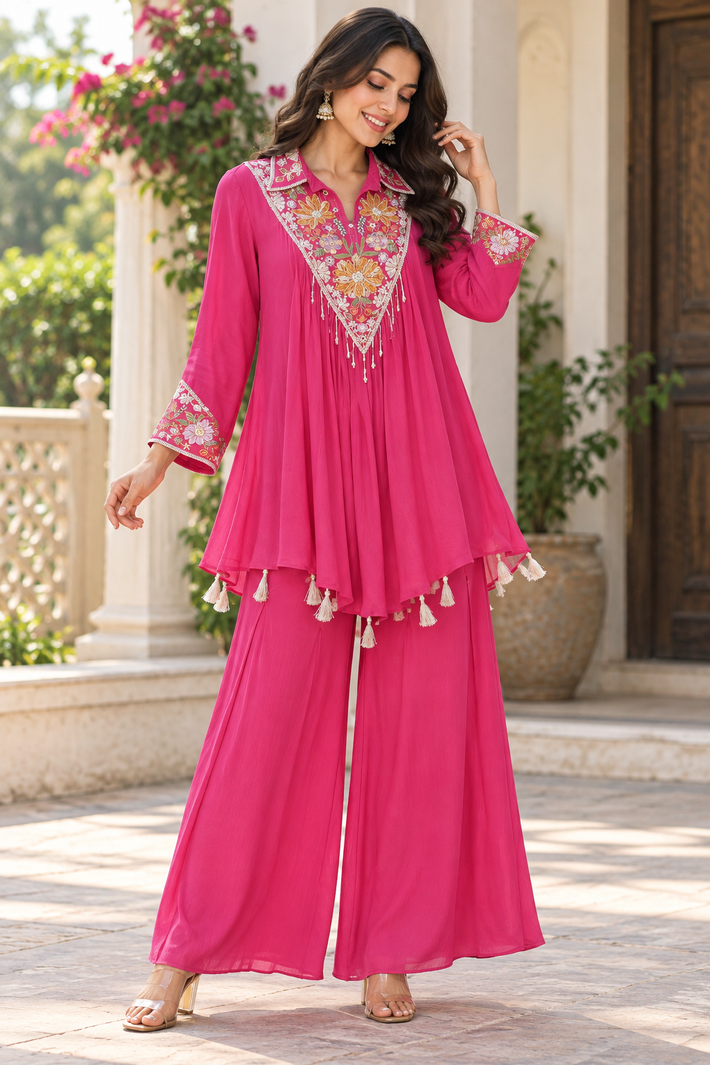 Fuchsia Bloom Embroidered Chiffon Sharara Co-ord Set