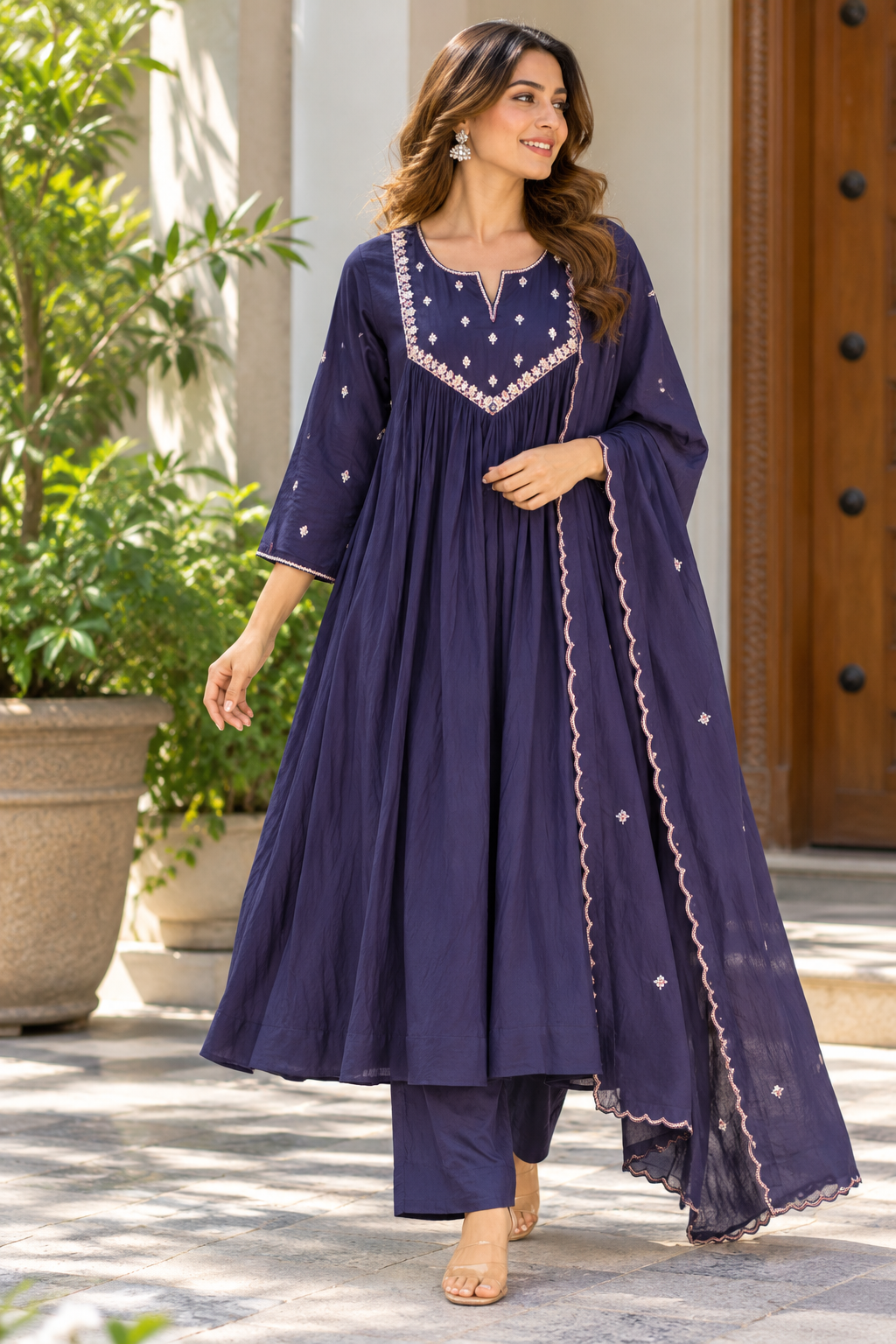 Midnight Amethyst Embroidered Mul Cotton Anarkali Suit Set