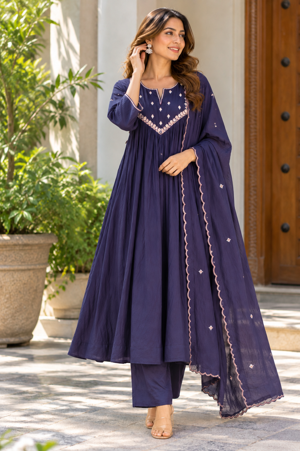 Midnight Amethyst Embroidered Mul Cotton Anarkali Suit Set
