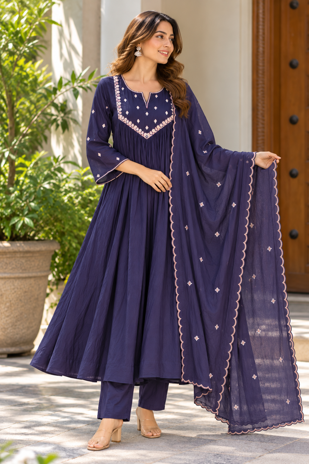 Midnight Amethyst Embroidered Mul Cotton Anarkali Suit Set