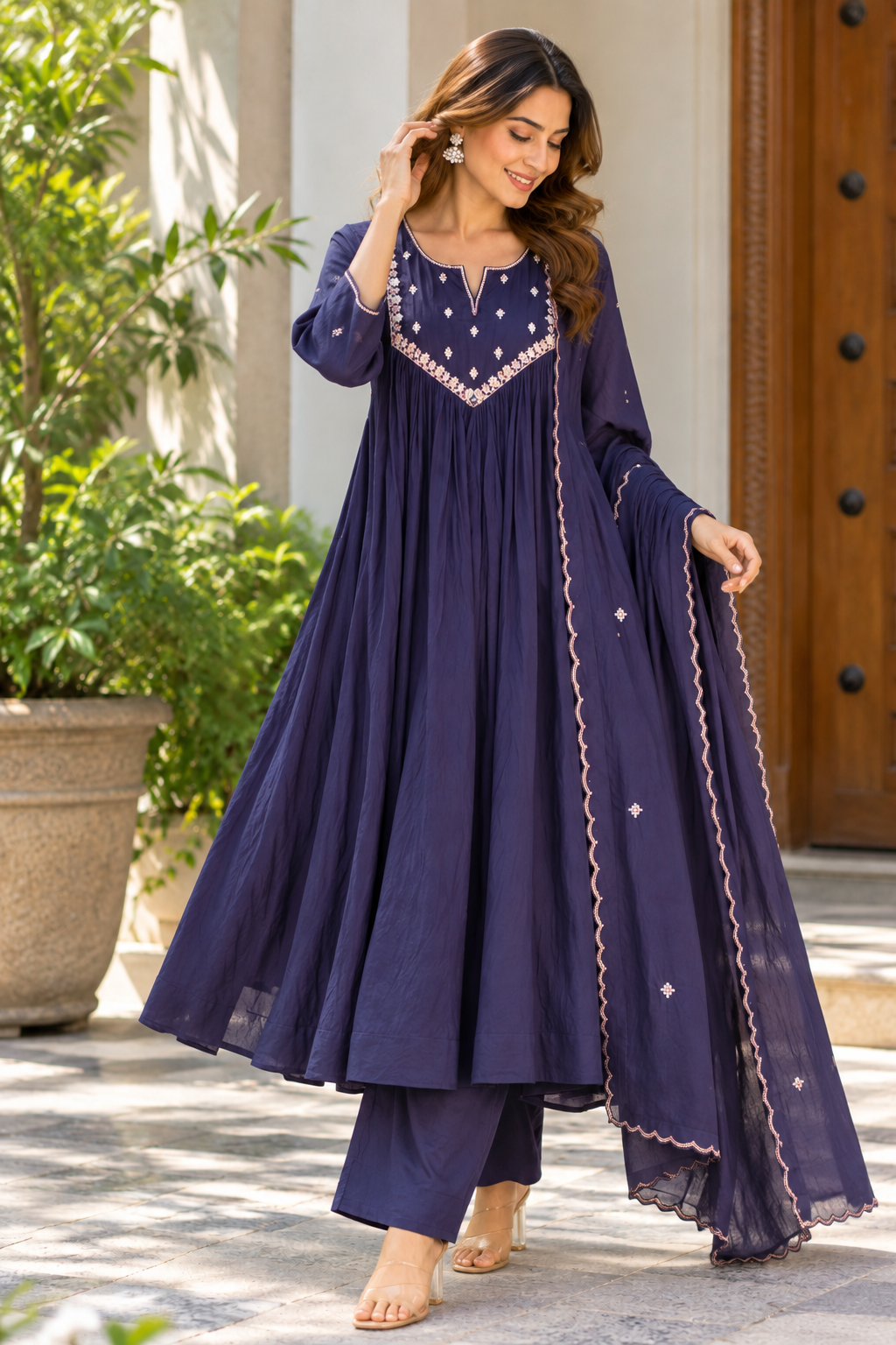 Midnight Amethyst Embroidered Mul Cotton Anarkali Suit Set