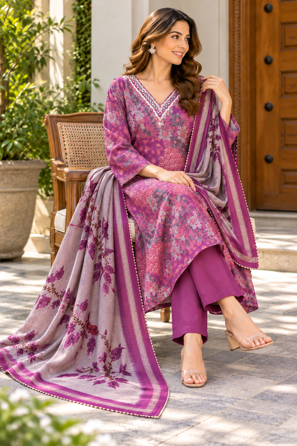 Mauve Blossom Floral Muslin Kurta Set