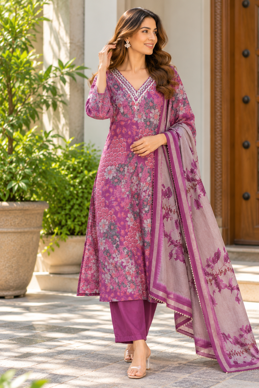Mauve Blossom Floral Muslin Kurta Set