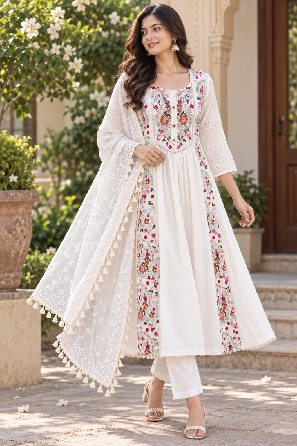 Ivory Elegance Embroidered Cotton Anarkali Suit Set