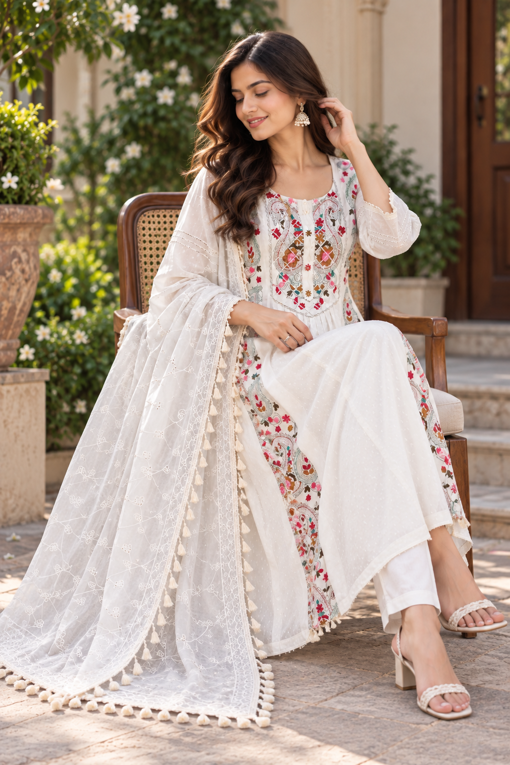 Ivory Elegance Embroidered Cotton Anarkali Suit Set