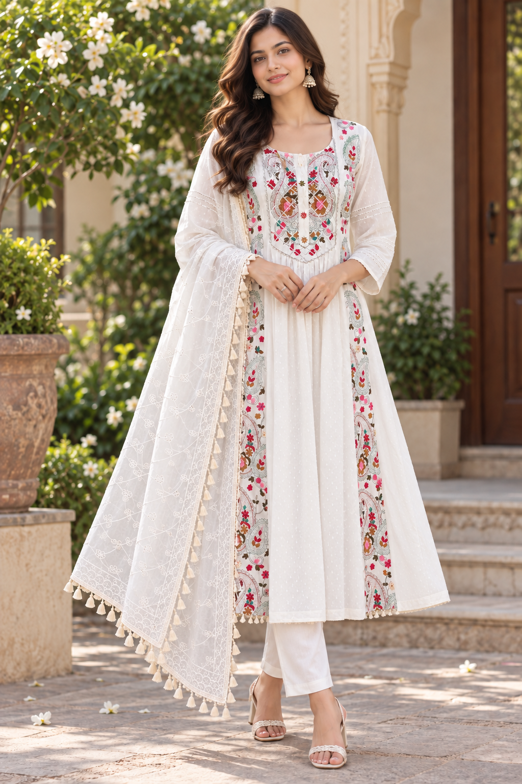 Ivory Elegance Embroidered Cotton Anarkali Suit Set
