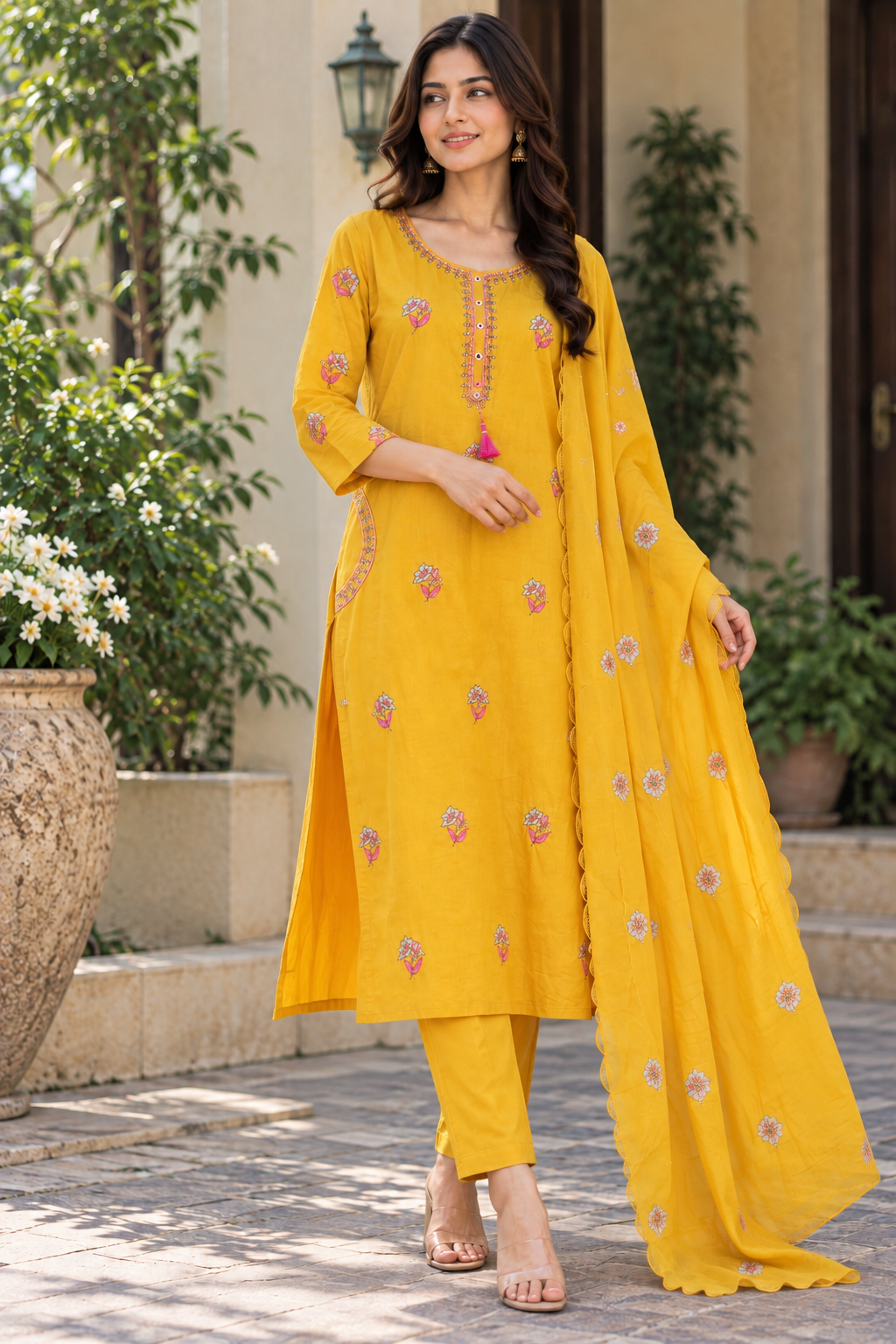 Sunshine Bloom Embroidered Mul Silk Suit Set