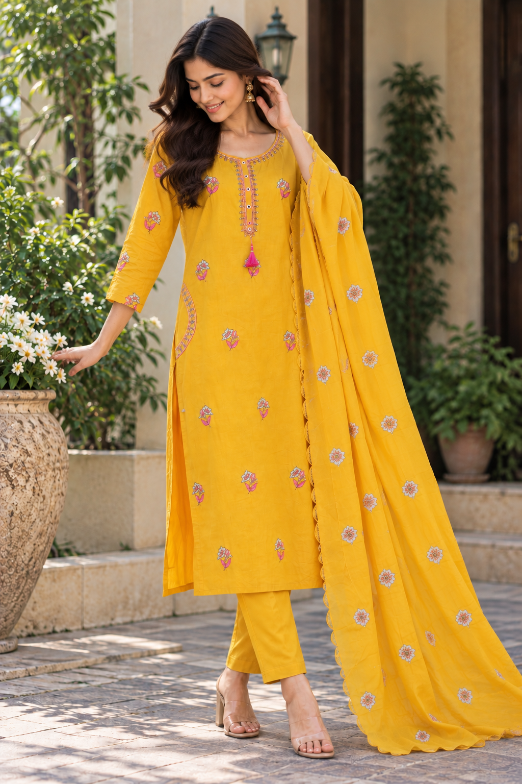 Sunshine Bloom Embroidered Mul Silk Suit Set