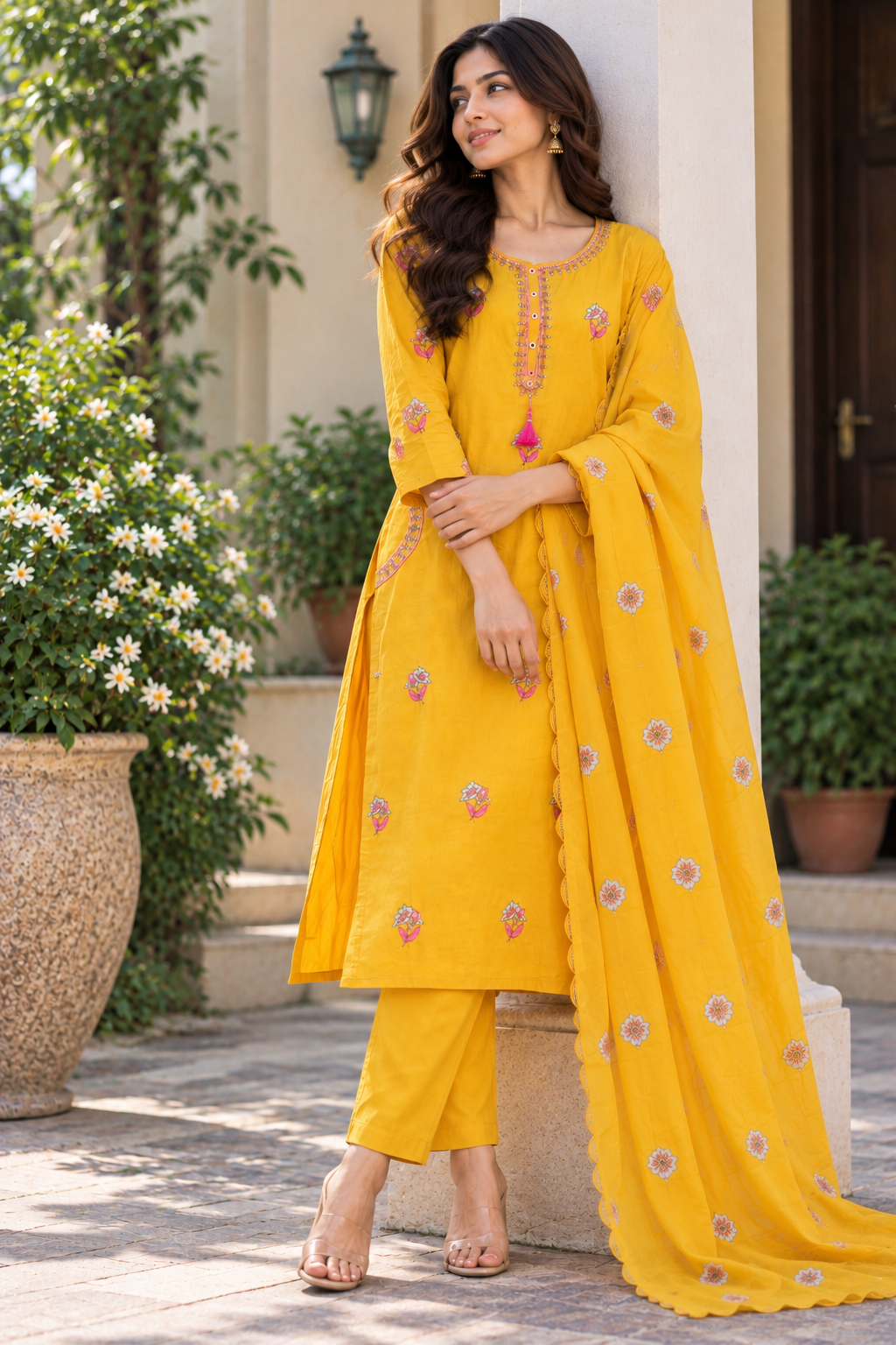 Sunshine Bloom Embroidered Mul Silk Suit Set