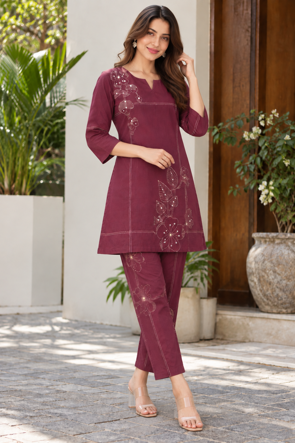 Burgundy Bloom Embroidered Cotton Co-ord Set