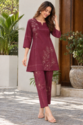 Burgundy Bloom Embroidered Cotton Co-ord Set