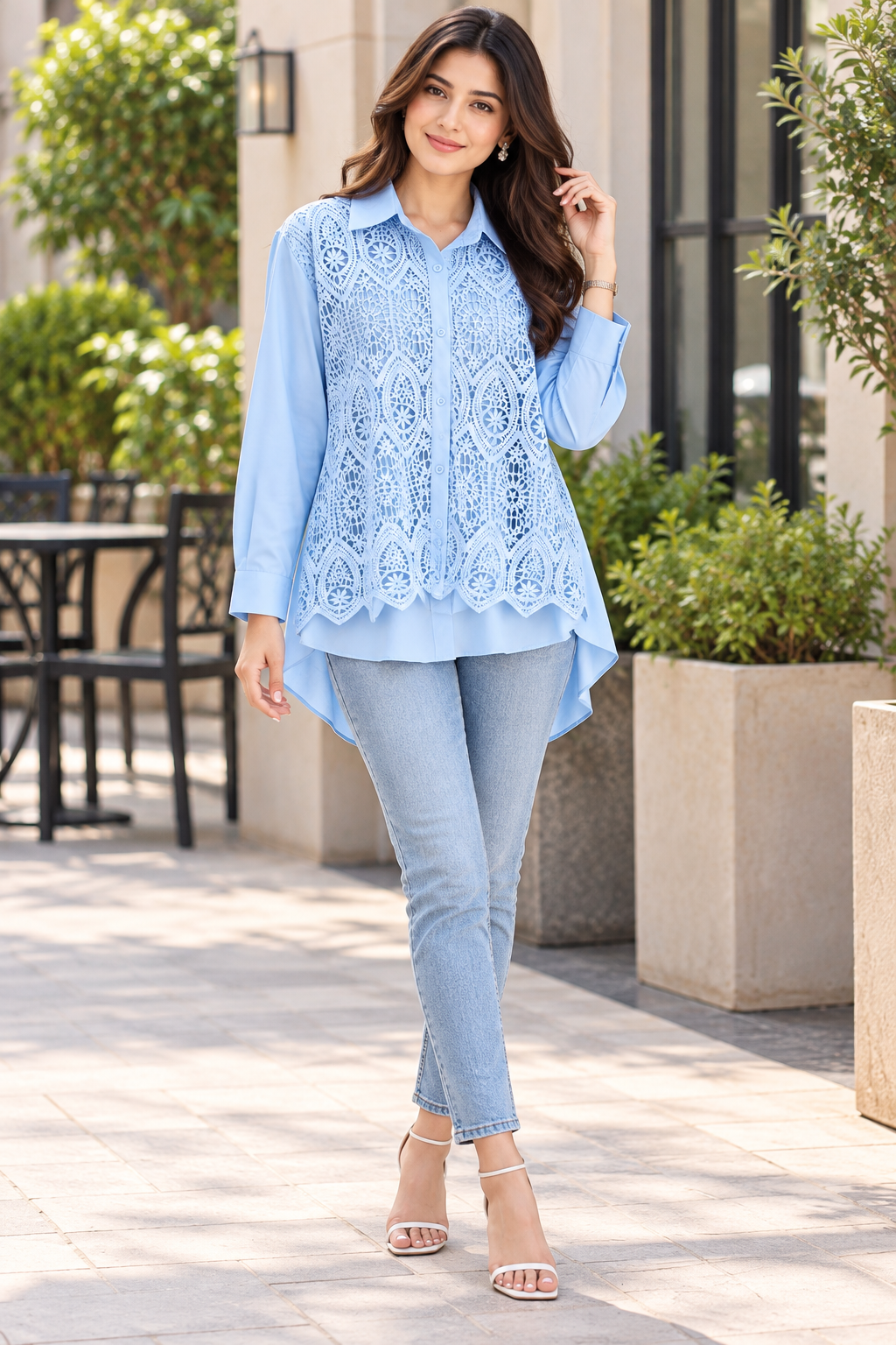 Sky Lace Cutwork Oversized Poplin Shirt