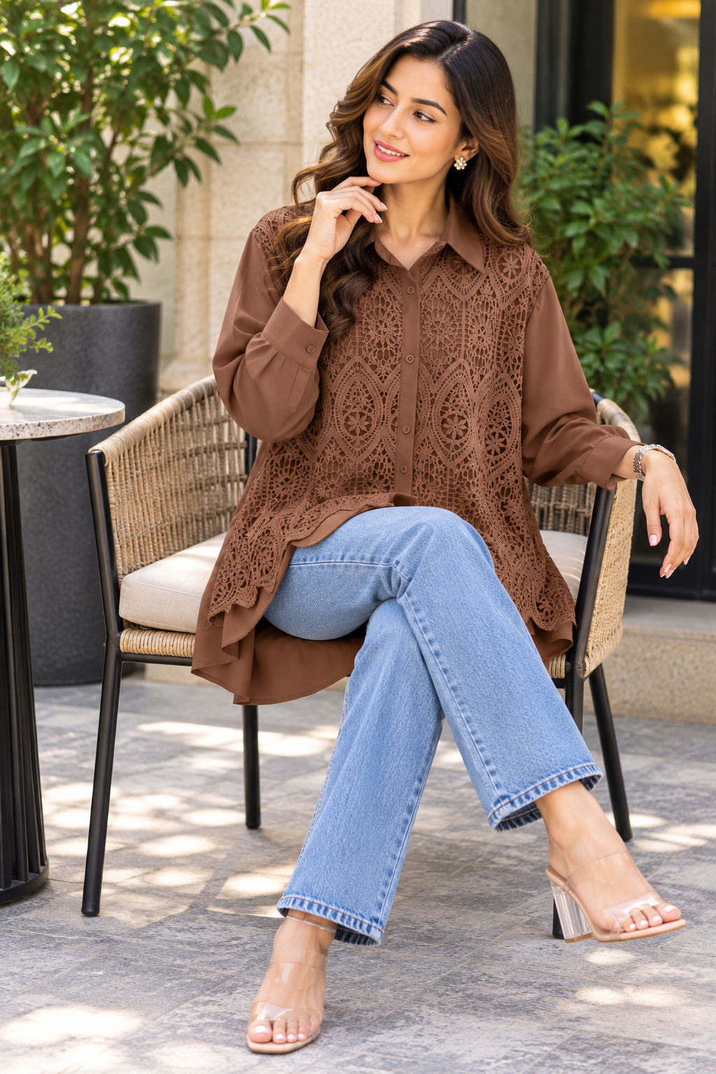 Mocha Lace Panel Oversized Poplin Shirt