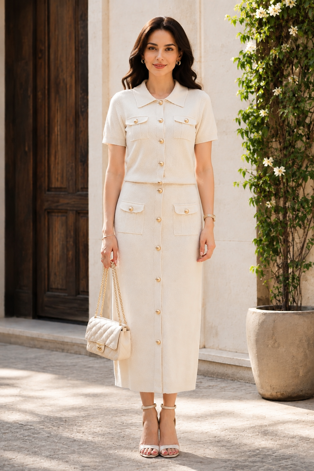 Ivory Luxe Knitted Button-Down Skirt Set