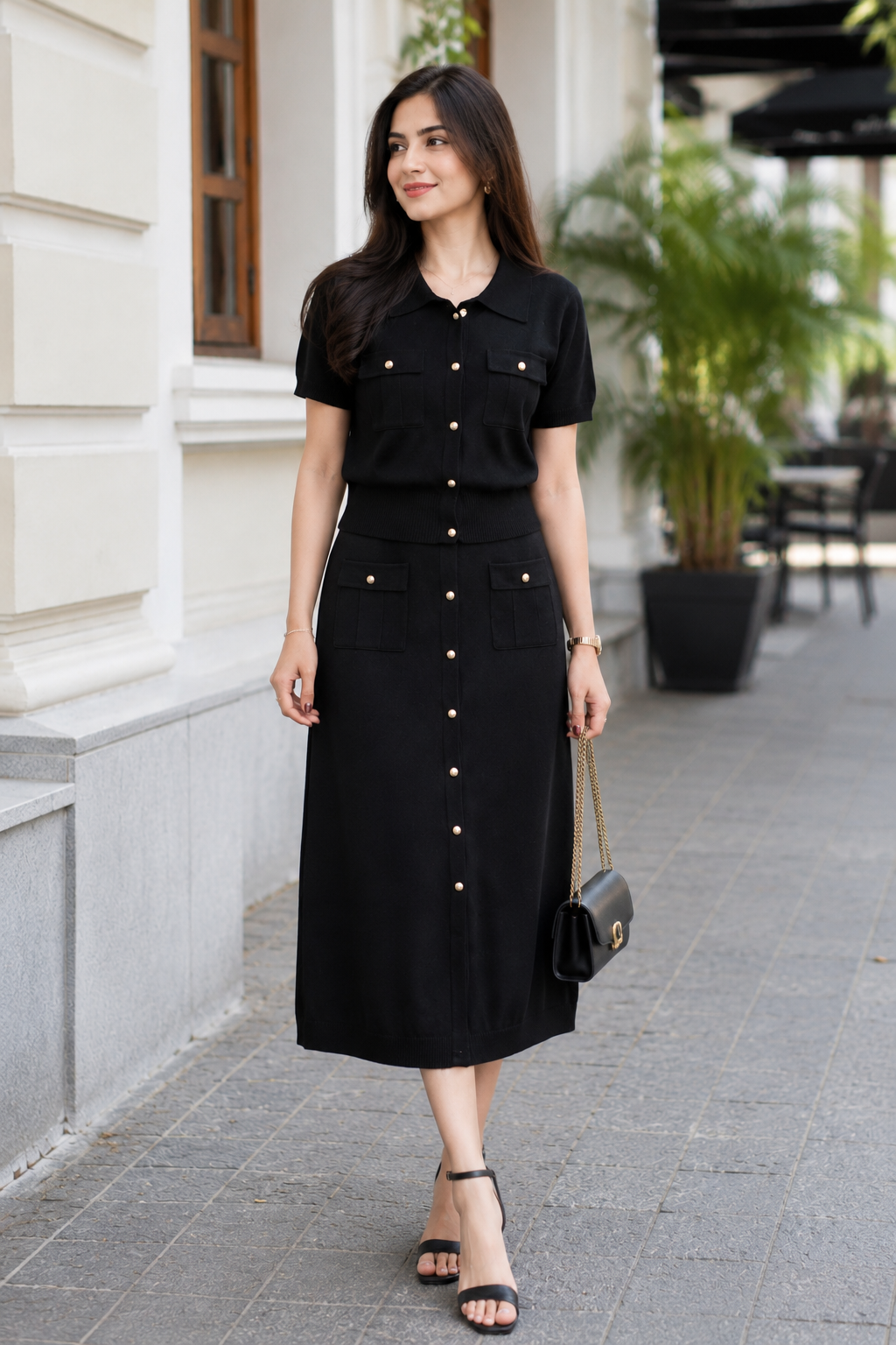 Midnight Black Luxe Knitted Button-Down Skirt Set