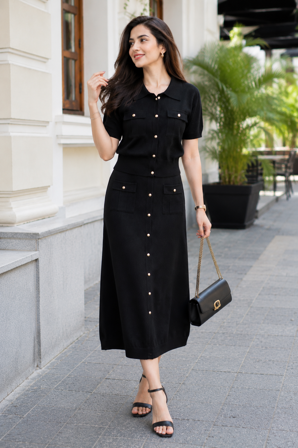 Midnight Black Luxe Knitted Button-Down Skirt Set