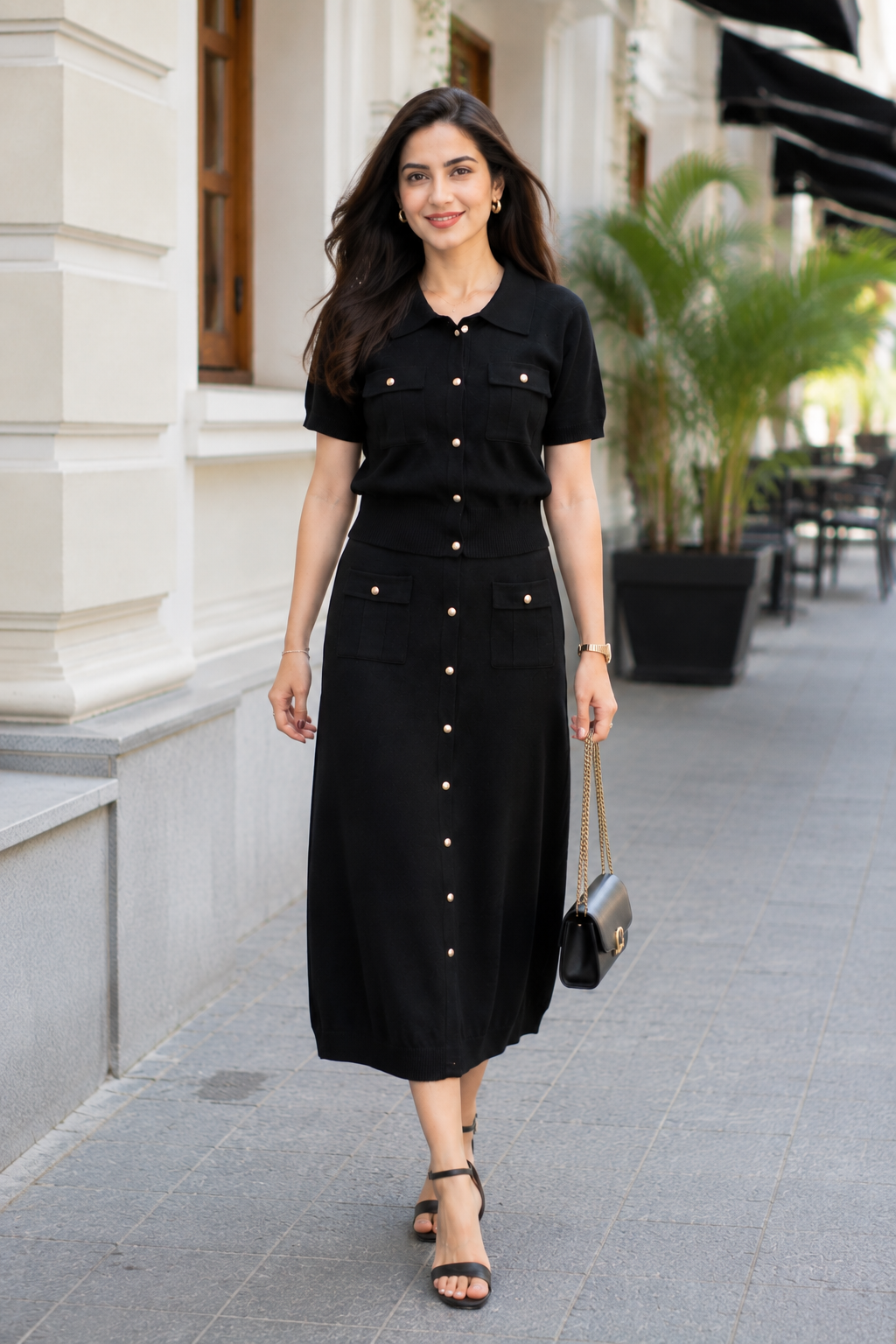Midnight Black Luxe Knitted Button-Down Skirt Set