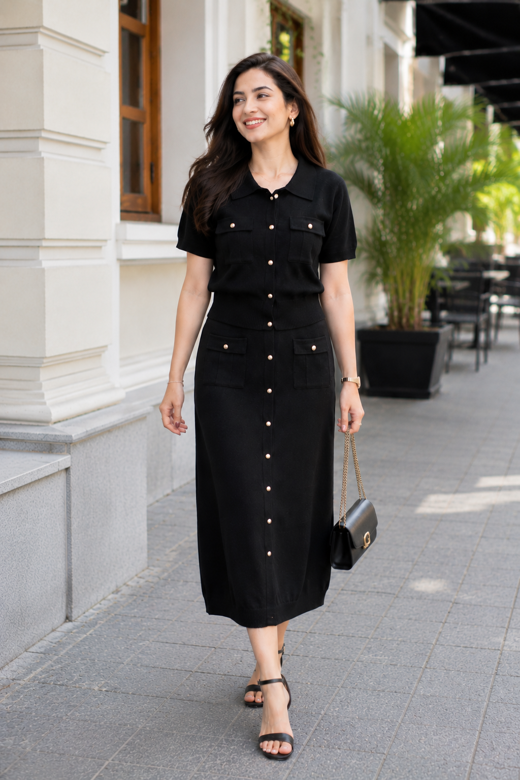 Midnight Black Luxe Knitted Button-Down Skirt Set