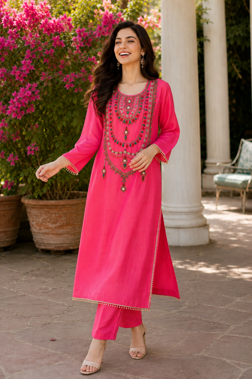 Hot Pink Tissue Handwork Kurta Pant Set