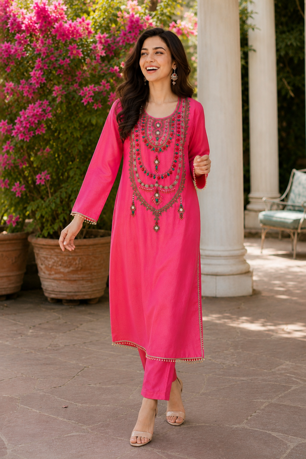 Hot Pink Tissue Handwork Kurta Pant Set