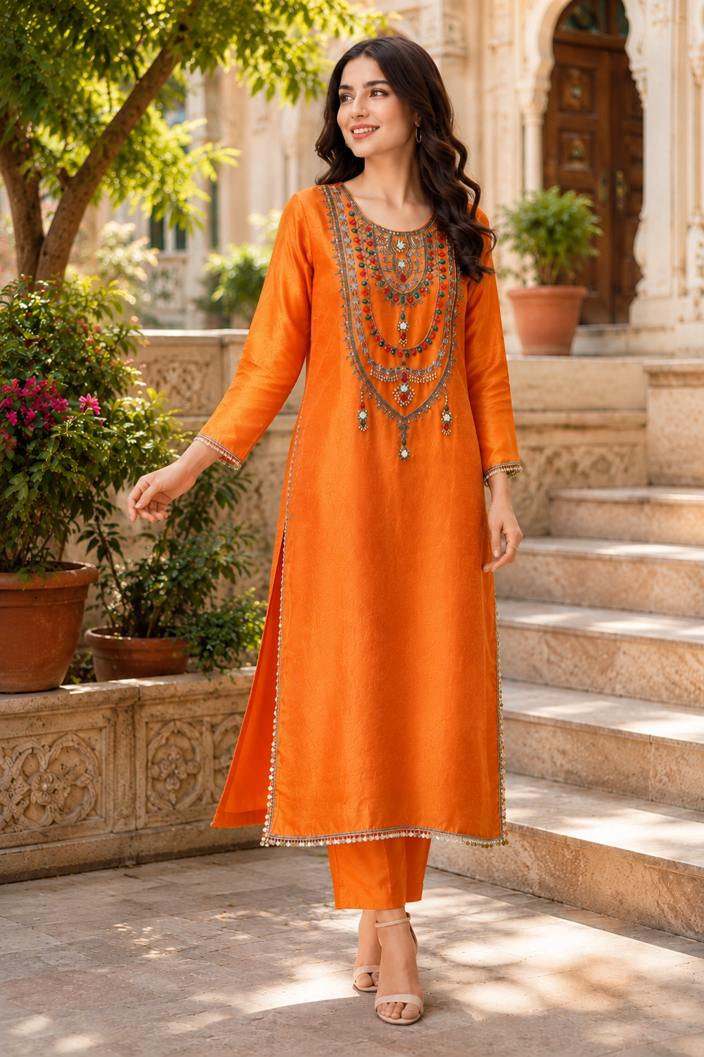 Orange Tissue Handwork Kurta Pant Set