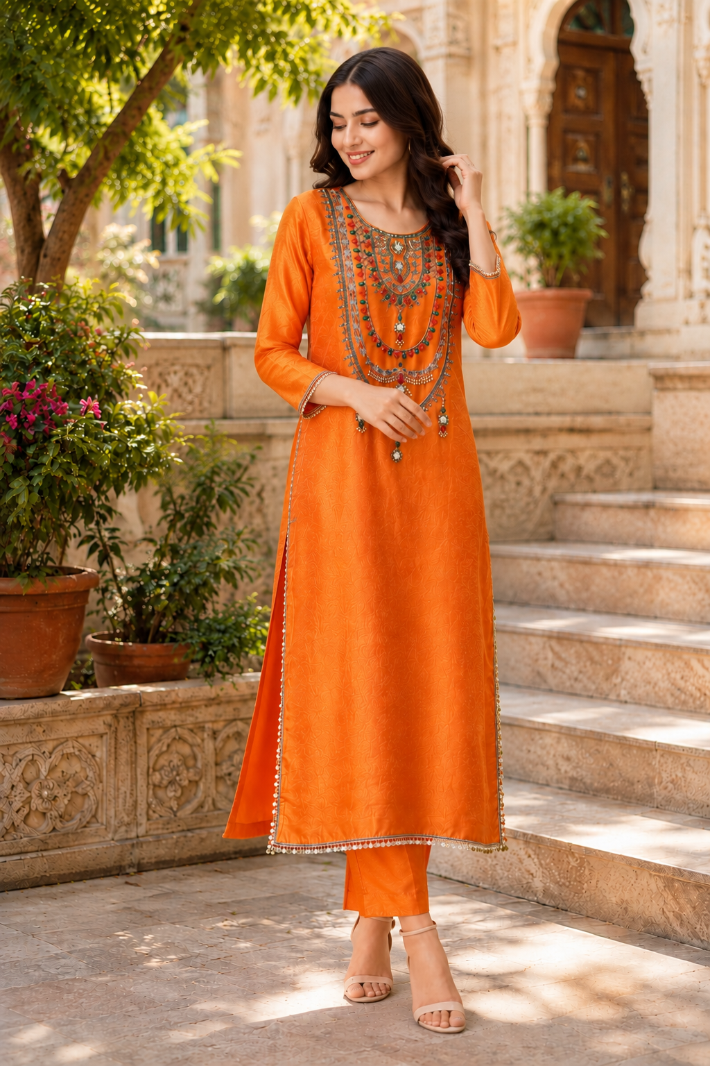 Orange Tissue Handwork Kurta Pant Set