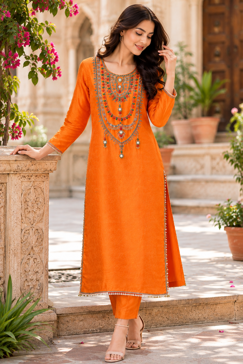 Orange Tissue Handwork Kurta Pant Set