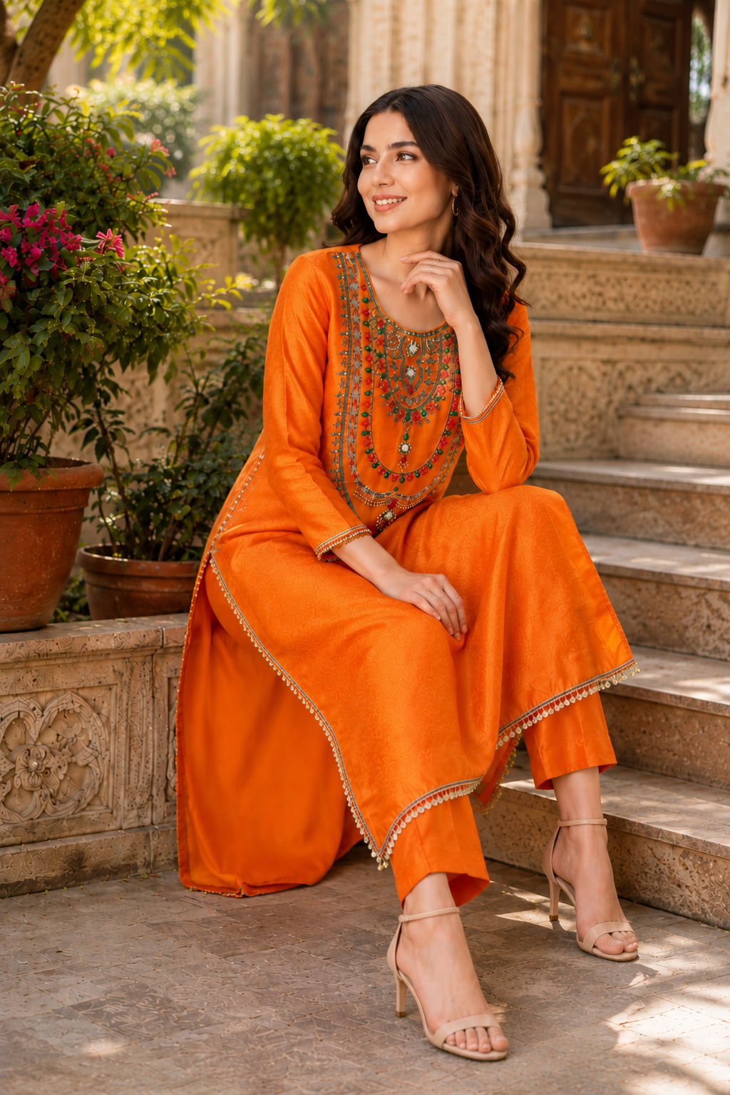 Orange Tissue Handwork Kurta Pant Set