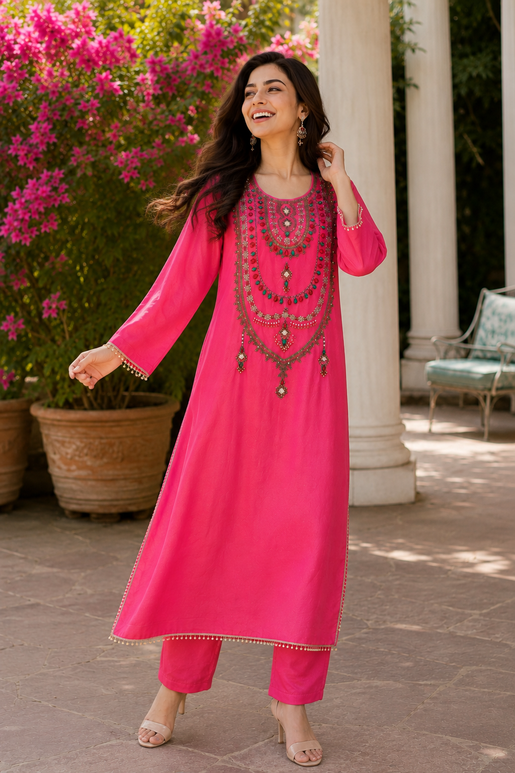 Hot Pink Tissue Handwork Kurta Pant Set
