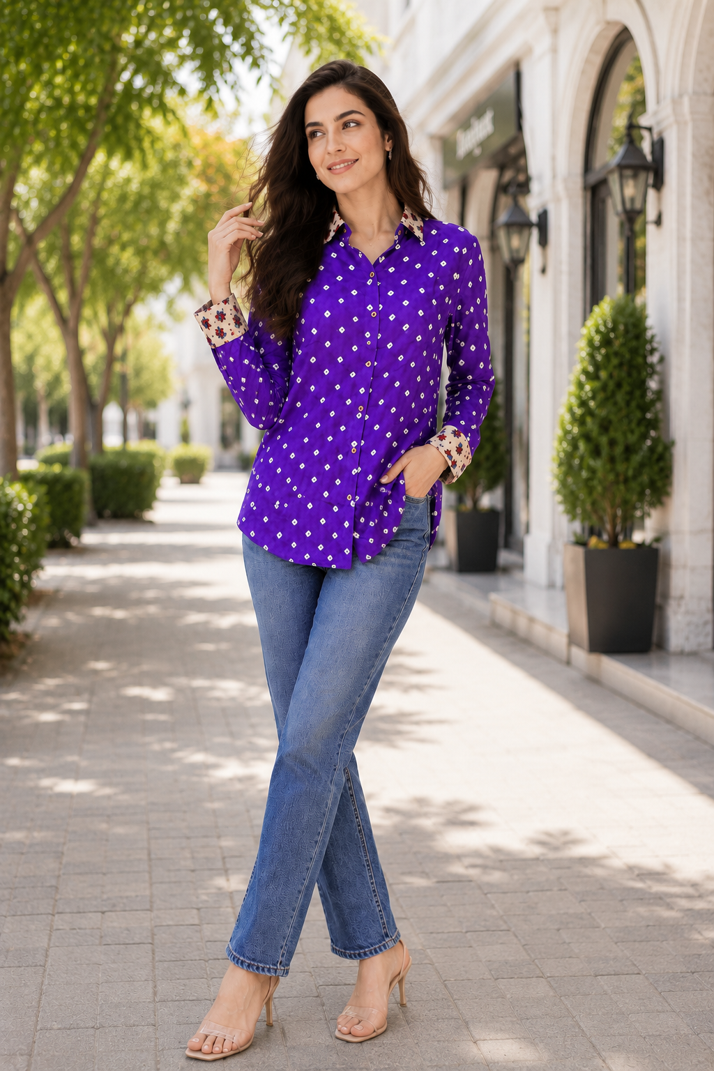 Purple White Modal Silk Bandhani Ajrakh Fusion Shirt