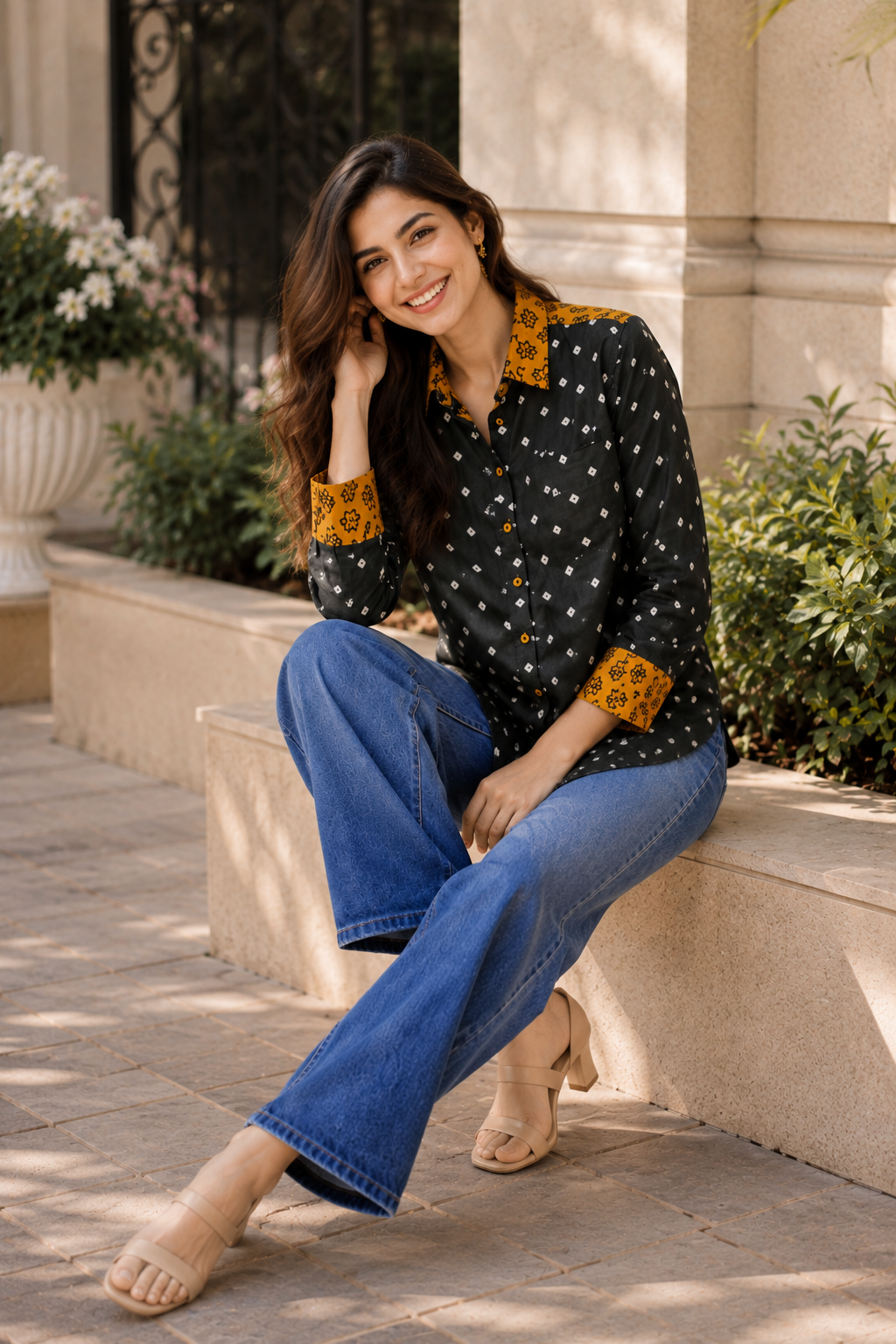 Grey & Mustard Modal Silk Bandhej Ajrakh Fusion Shirt