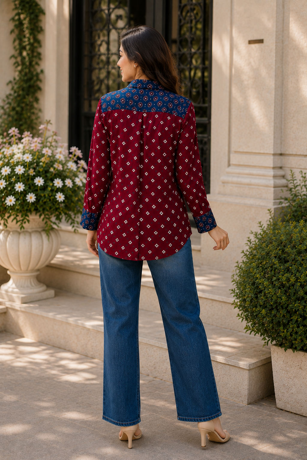 Maroon & Indigo Modal Silk Bandhej Ajrakh Fusion Shirt