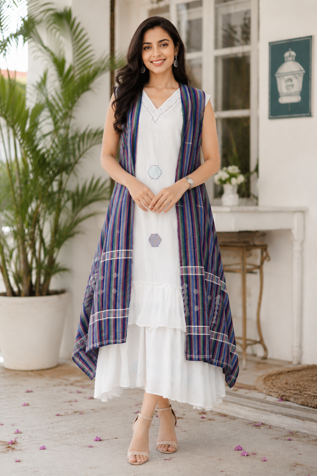 Ivory Mul Dress with Handloom Cotton Linen Weave Shrug
