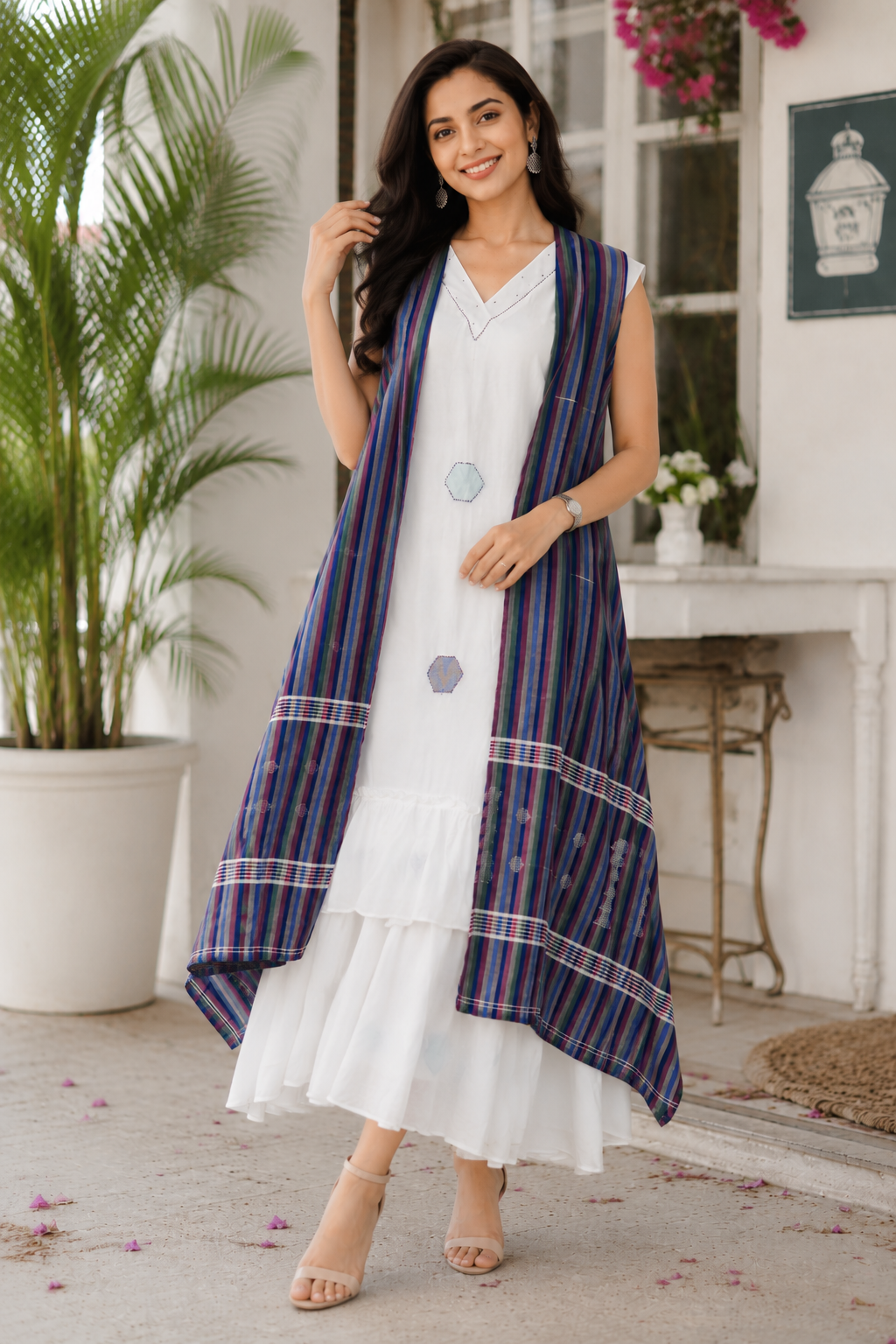 Ivory Mul Dress with Handloom Cotton Linen Weave Shrug