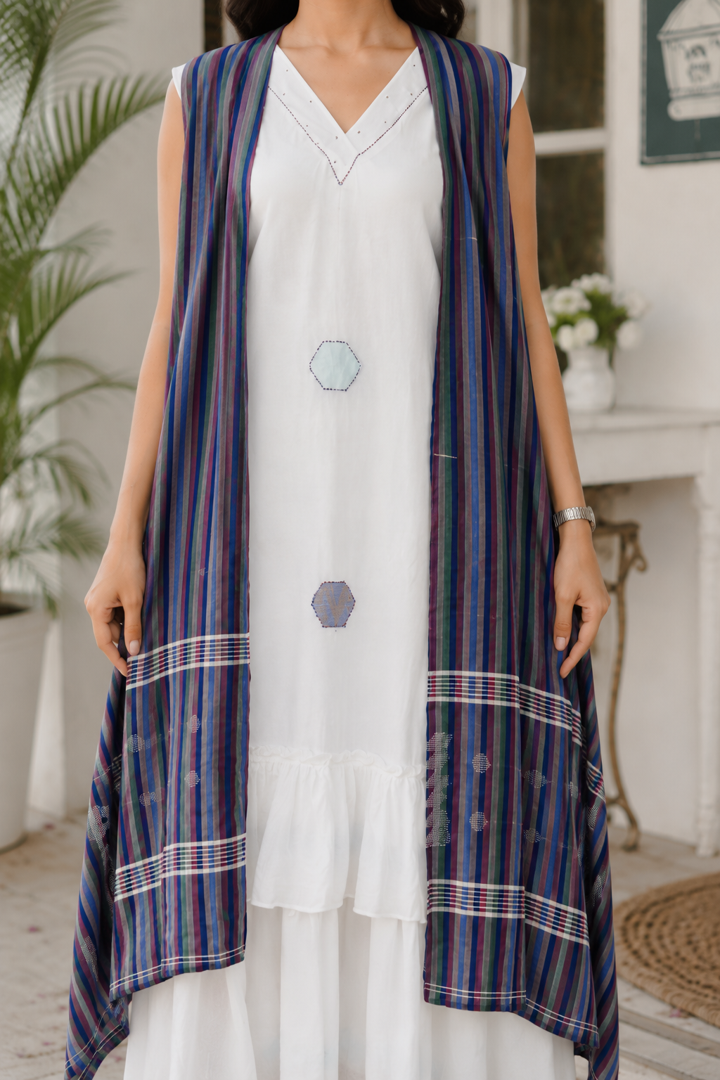 Ivory Mul Dress with Handloom Cotton Linen Weave Shrug