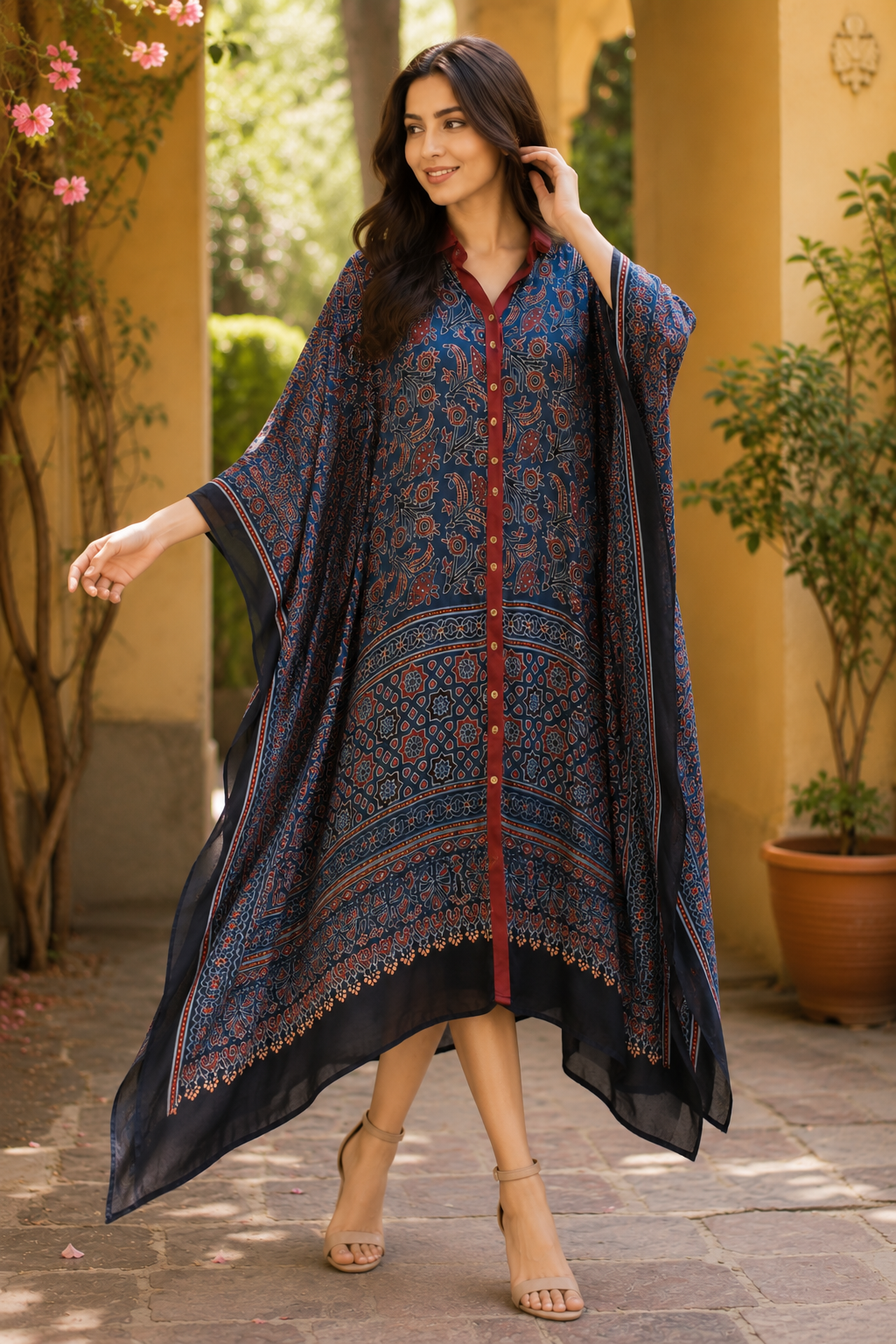Rangrez Indigo Ajrakh Modal Silk Kaftan in Natural Dye