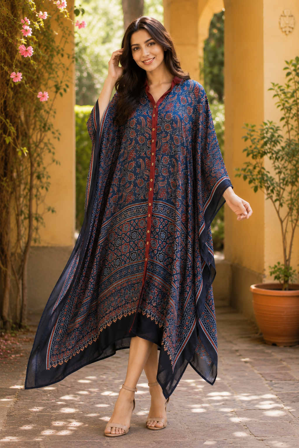 Rangrez Indigo Ajrakh Modal Silk Kaftan in Natural Dye