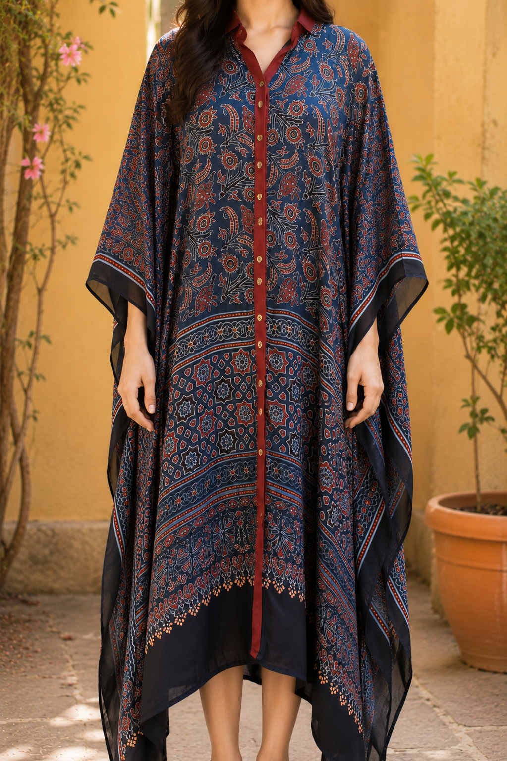 Rangrez Indigo Ajrakh Modal Silk Kaftan in Natural Dye