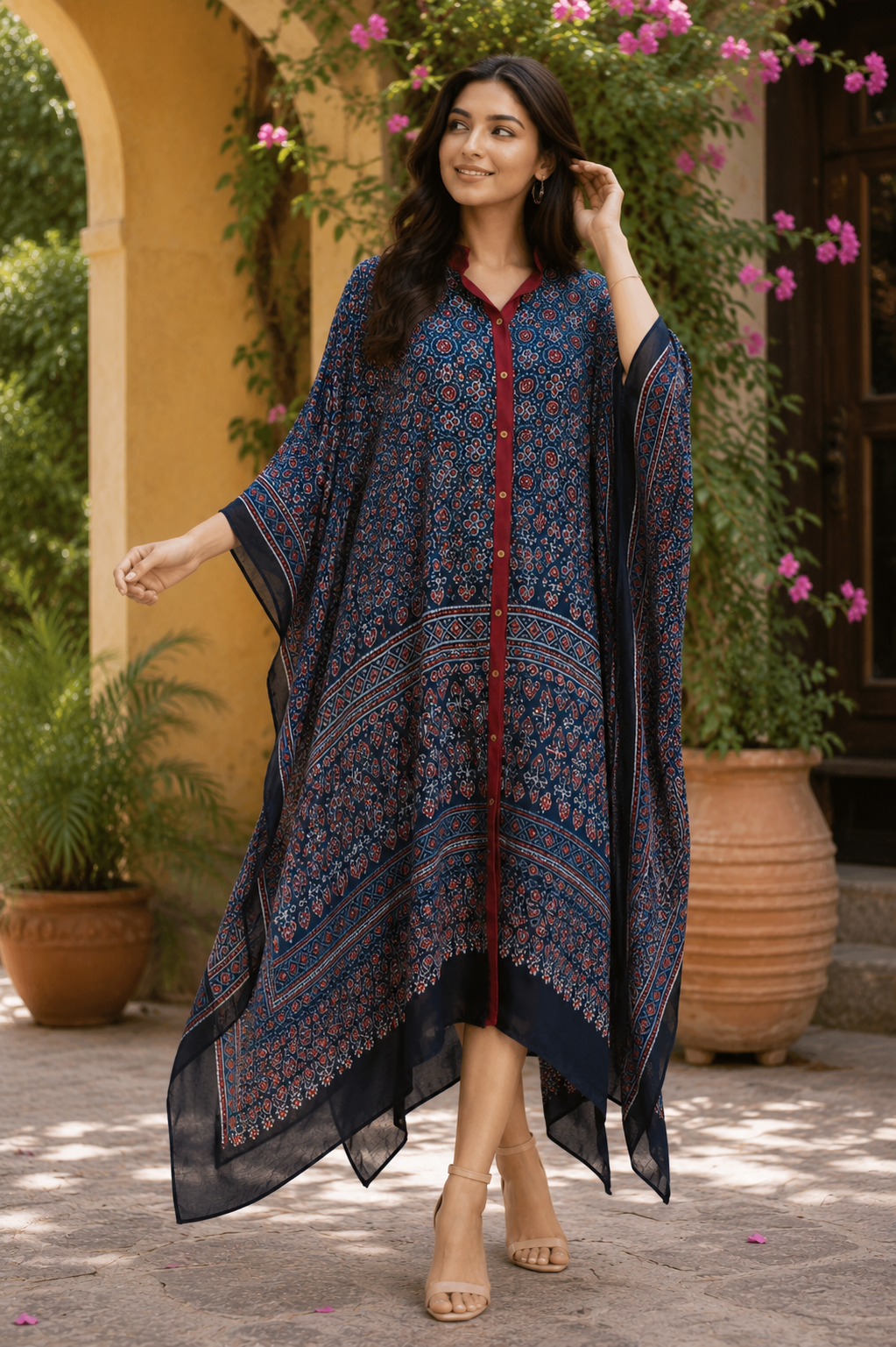 Ajrakh Aangan Modal Silk Kaftan