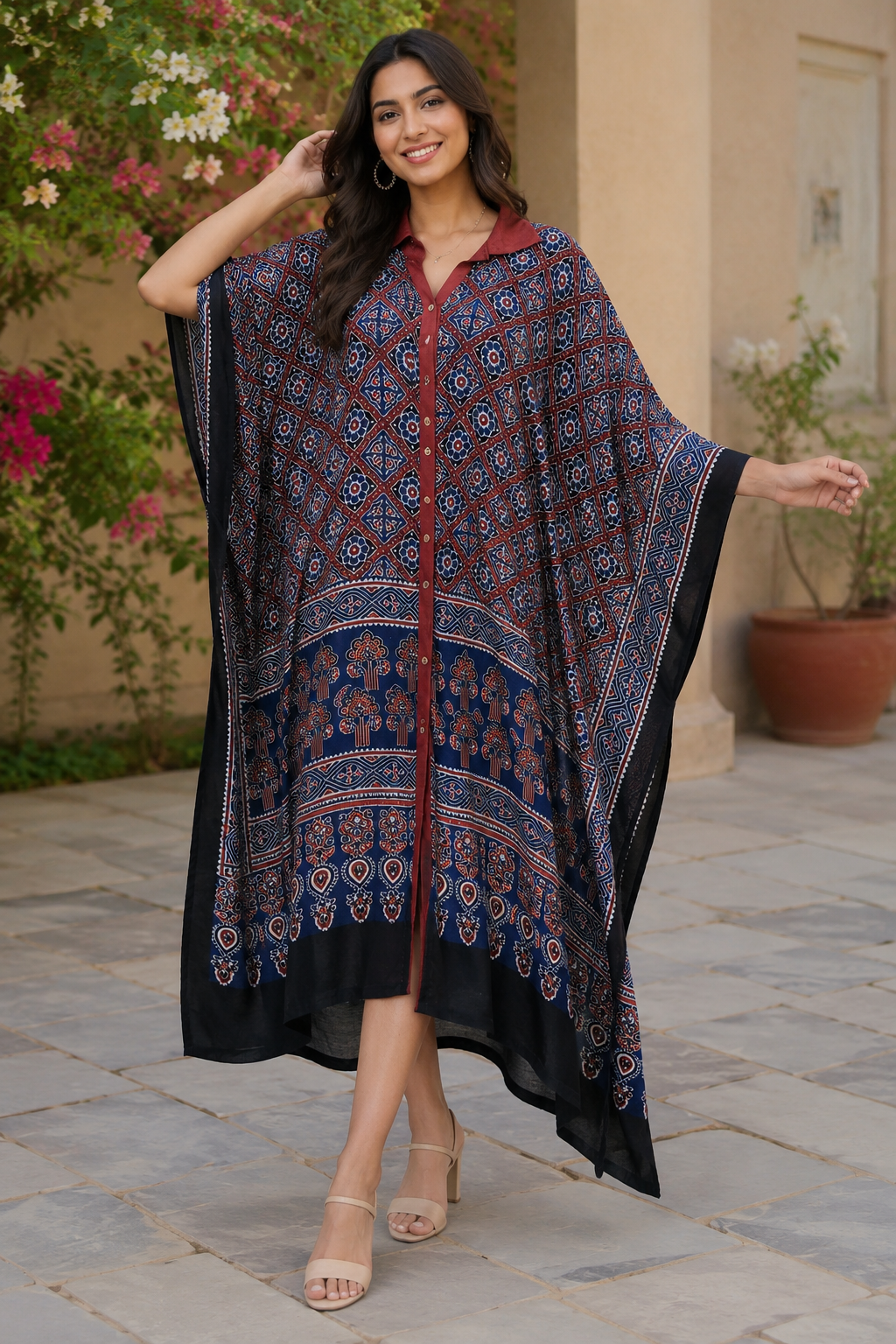 Indigo Jaal Ajrakh Modal Silk Kaftan in Natural Dye