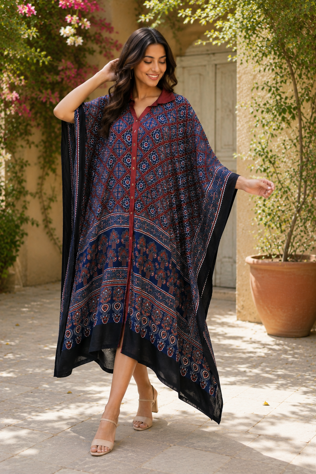 Indigo Jaal Ajrakh Modal Silk Kaftan in Natural Dye