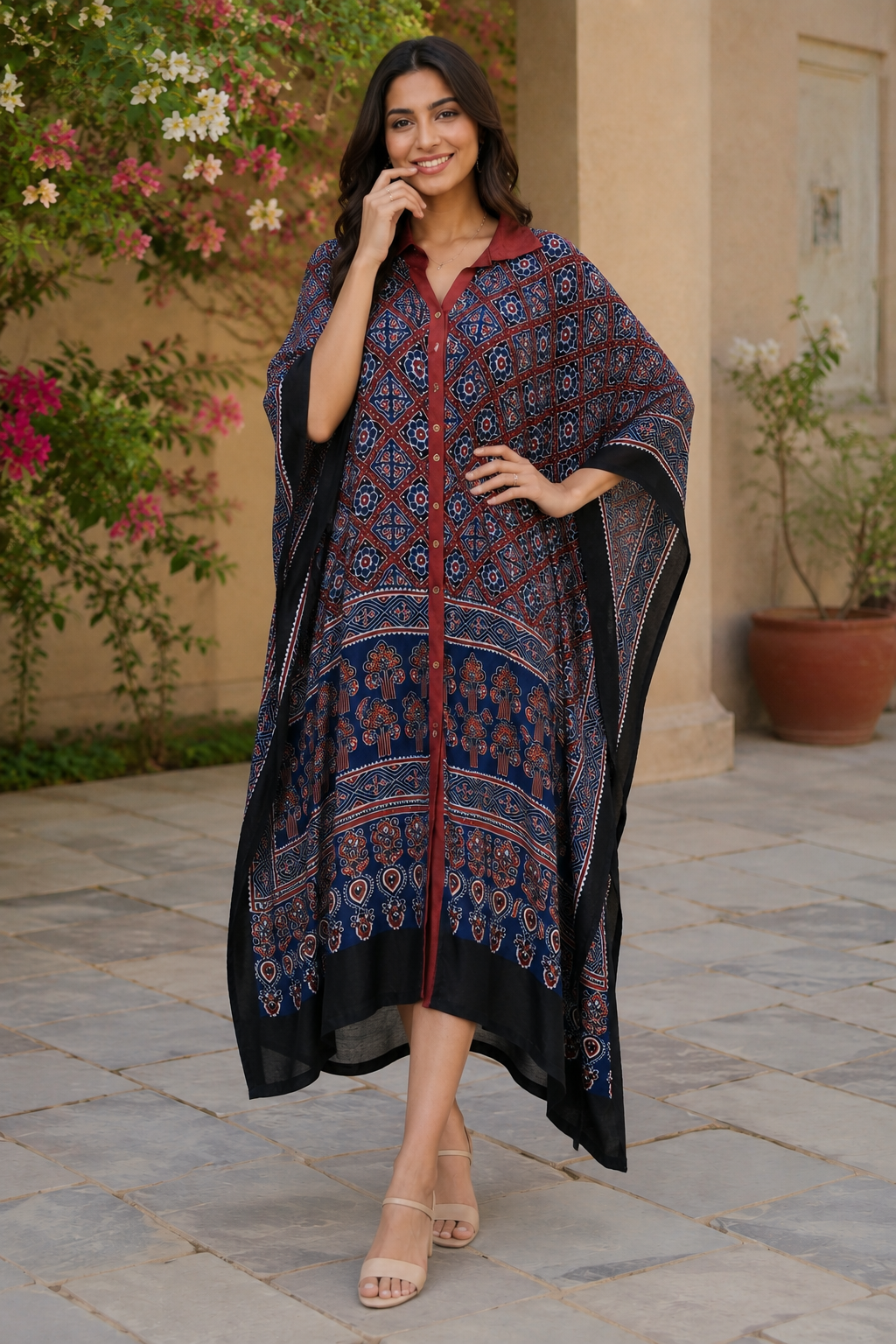 Indigo Jaal Ajrakh Modal Silk Kaftan in Natural Dye