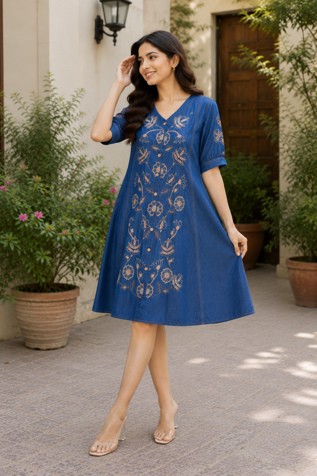 Indigo Embroidered Denim A-Line Dress