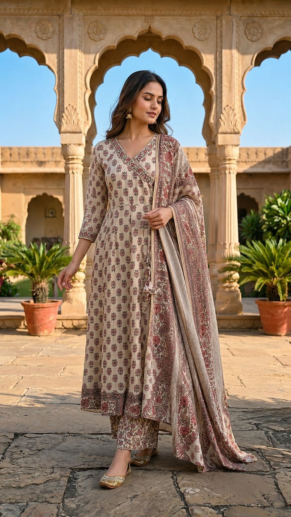 Vintage Rose Handblock Angrakha Cotton Anarkali Set